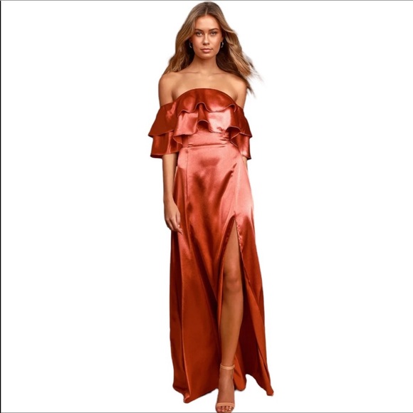 Lulus Dresses & Skirts - NWT Lulu’s | Pure Happiness Ruffle Off the Shoulder Satin Gown Size M